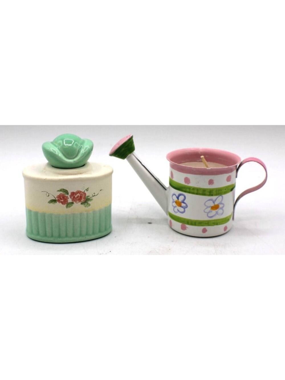 Vtg Homco Ceramic Votive Jar and Watering Can Candle Garden Cottagecore Floral